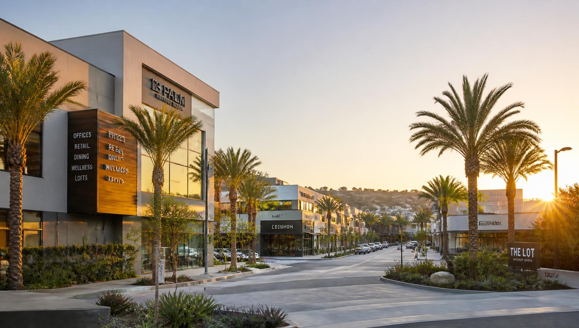 Commercial retail and office buildings in Southern California at golden hour